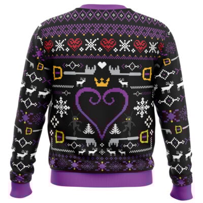 The Hearts Kingdom Hearts Ugly Christmas Sweater features a black base with purple, white, red, and yellow pixel art designs like hearts, snowflakes, deer, crowns, trees, and two silhouettes inside a large purple heart.