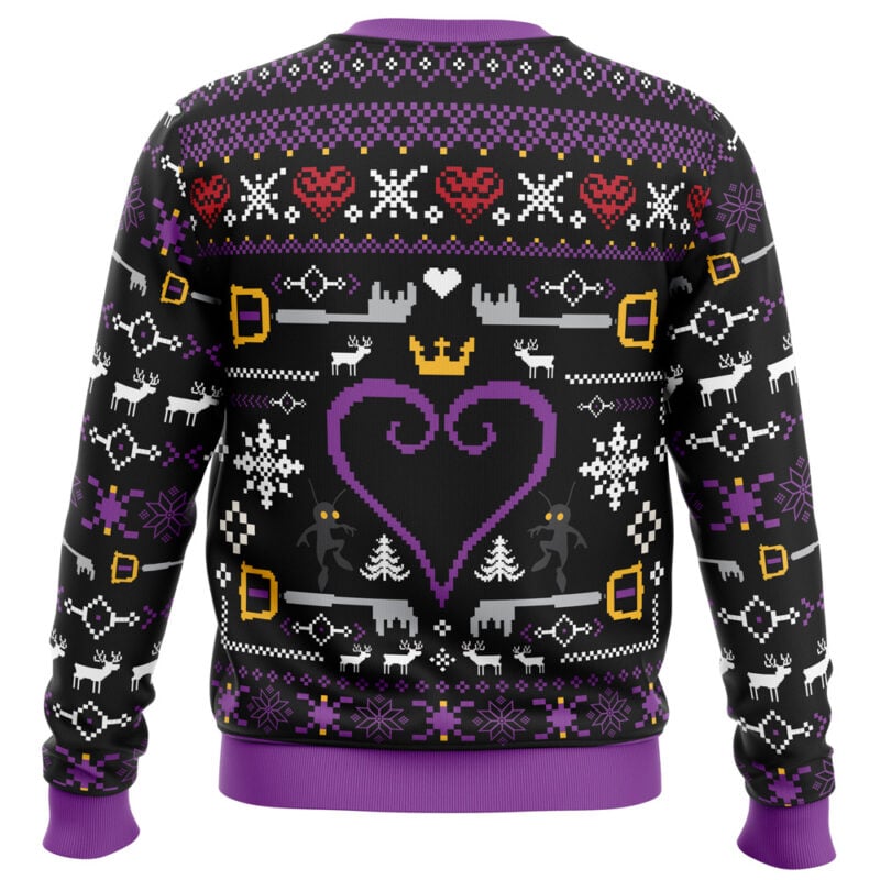 The Hearts Kingdom Hearts Ugly Christmas Sweater features a black base with purple, white, red, and yellow pixel art designs like hearts, snowflakes, deer, crowns, trees, and two silhouettes inside a large purple heart.