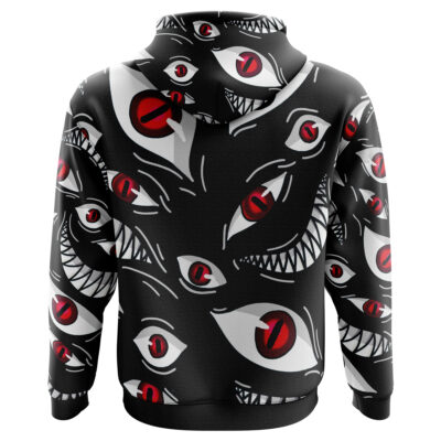 The Pride Fullmetal Alchemist Zip Hoodie Jacket is a black hoodie with bold white monster faces, sharp teeth, and multiple red eyes for a striking, edgy look.