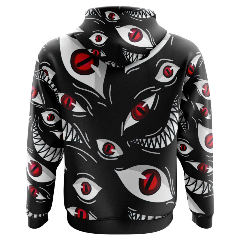 The Pride Fullmetal Alchemist Zip Hoodie Jacket is a black hoodie with bold white monster faces, sharp teeth, and multiple red eyes for a striking, edgy look.
