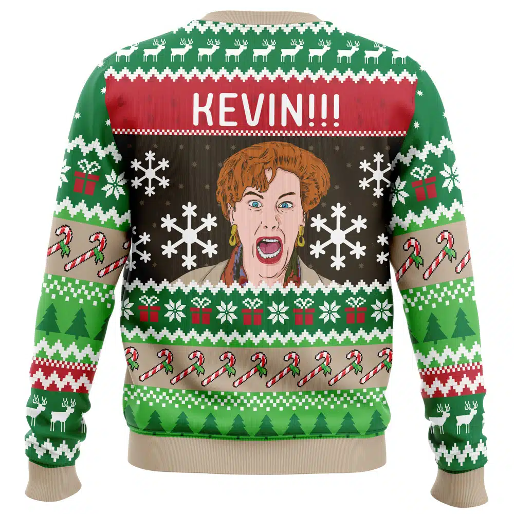 Kevin!!! Home Alone Ugly Christmas Sweater in green knit, featuring a central graphic of a woman with a shocked expression, the text KEVIN!!!, and patterns of reindeer, snowflakes, candy canes, and gift boxes.