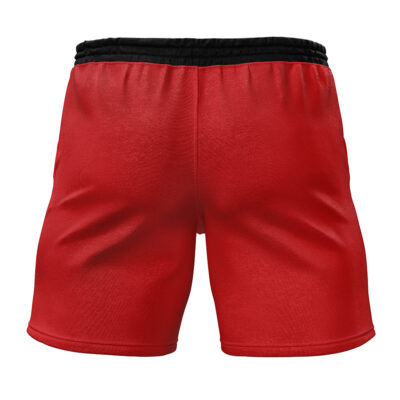 Luffy Straw Hat Pirates One Piece Gym Shorts in red with a black elastic waistband, displayed from the back on a white background.