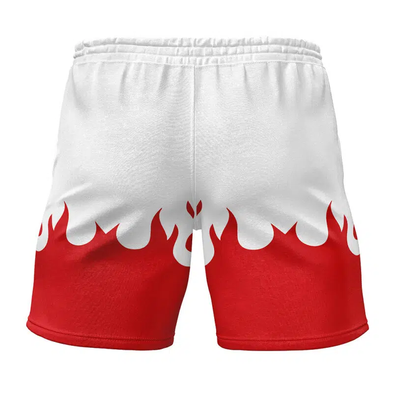 Back view of Minato Namikaze 4th Hokage Cloak Shippuden Gym Shorts—white athletic shorts with a bold red flame design along the hem and an elastic waistband.