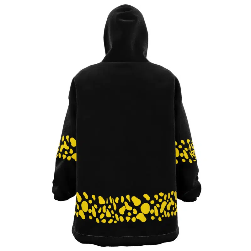 The Black Trafalgar D. Water Law Punk Hazard One Piece Snug Oversized Blanket Hoodie features yellow irregular dot patterns on the lower back, sleeves, and hem, as seen from the back.