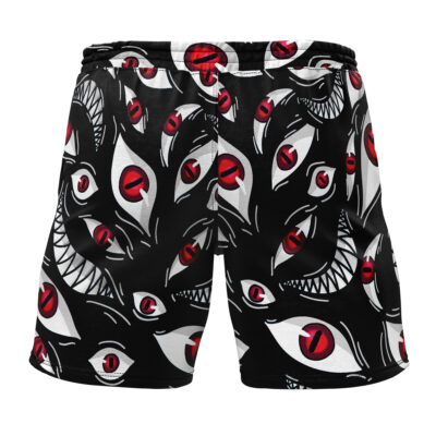 Pride Fullmetal Alchemist Gym Shorts feature a bold pattern of stylized red and white eyes with sharp, toothy smiles outlined in black on a solid black background.