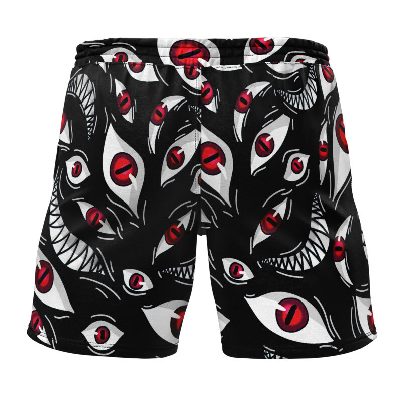 Pride Fullmetal Alchemist Gym Shorts feature a bold pattern of stylized red and white eyes with sharp, toothy smiles outlined in black on a solid black background.