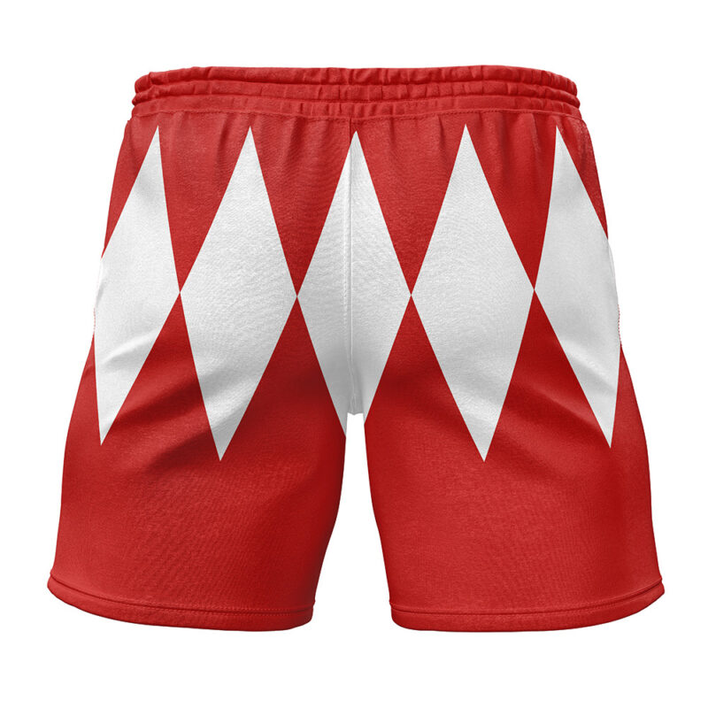 Red Ranger Mighty Morphin Power Rangers Gym Shorts featuring large, white, vertical diamond shapes on the front.