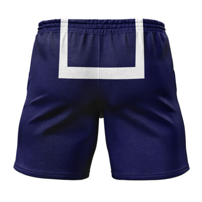 My Hero Academia Uniform Gym Shorts in navy blue, featuring a white rectangular back design, elastic waistband, and a smooth, fitted look.