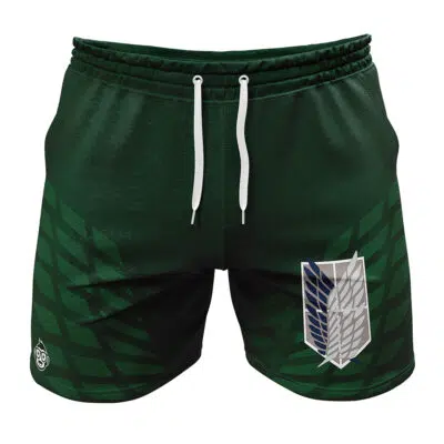 Survey Corps Attack on Titan Gym Shorts in dark green, featuring a white drawstring and a large winged "Scout Regiment" emblem on the right leg, with a subtle leaf pattern background.