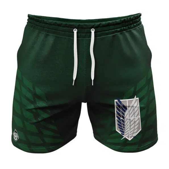 Survey Corps Attack on Titan Gym Shorts in dark green, featuring a white drawstring and a large winged "Scout Regiment" emblem on the right leg, with a subtle leaf pattern background.