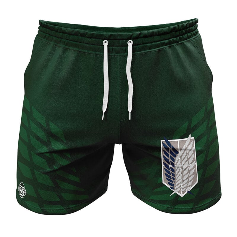 Survey Corps Attack on Titan Gym Shorts in dark green, featuring a white drawstring and a large winged "Scout Regiment" emblem on the right leg, with a subtle leaf pattern background.