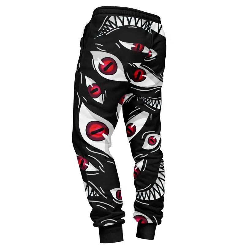 Pride Fullmetal Alchemist Custom Joggers Sweatpants feature a relaxed fit with bold graphic designs of shark faces with red eyes and sharp white teeth, plus black ribbed ankle cuffs.