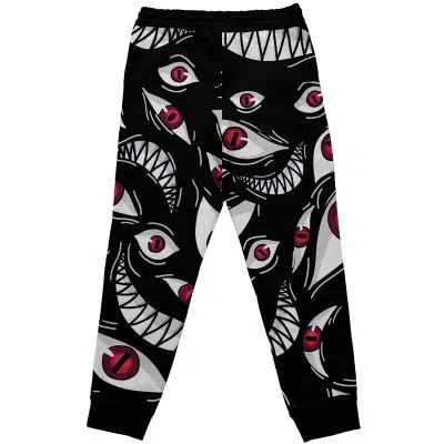 Pride Fullmetal Alchemist Custom Joggers Sweatpants feature a bold design with red eyes and sharp white teeth in an all-over chaotic pattern, plus solid black cuffs and waistband.
