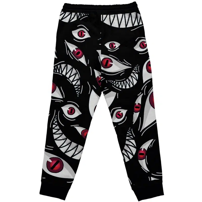 Pride Fullmetal Alchemist Custom Joggers Sweatpants feature a bold design with red eyes and sharp white teeth in an all-over chaotic pattern, plus solid black cuffs and waistband.
