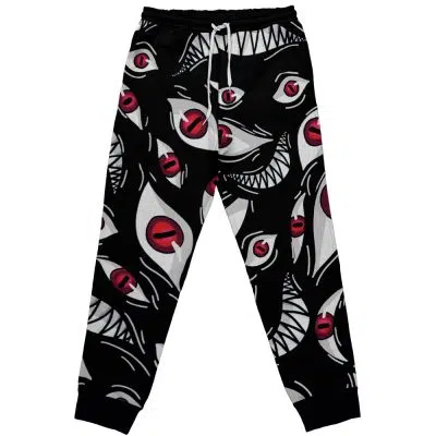 Pride Fullmetal Alchemist Custom Joggers Sweatpants: Black joggers with a striking red eye and white toothy mouth pattern, white waist drawstring, and black ankle cuffs.