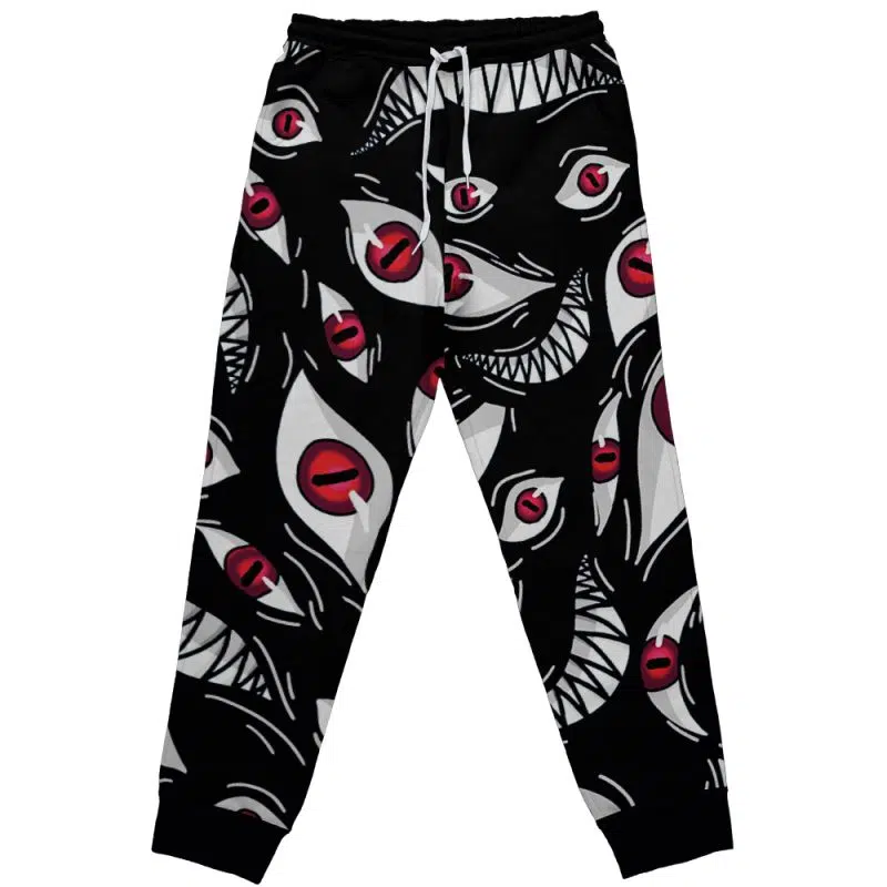 Pride Fullmetal Alchemist Custom Joggers Sweatpants: Black joggers with a striking red eye and white toothy mouth pattern, white waist drawstring, and black ankle cuffs.