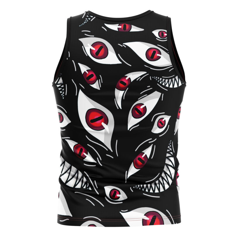 The Pride Fullmetal Alchemist Tank Top is black and features a bold pattern of white eyes with red irises and jagged white teeth, creating a striking, surreal design.