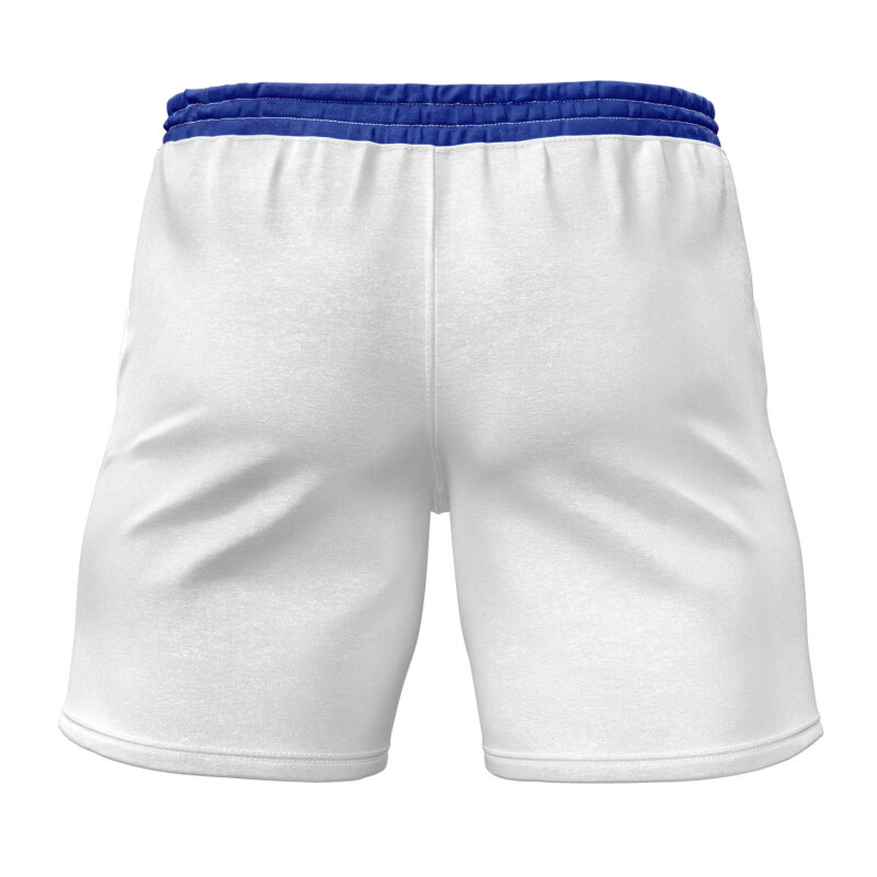 Vegeta Dragon Ball Z Gym Shorts shown from the back, featuring a blue elastic waistband and simple stitching, displayed on a plain white background.
