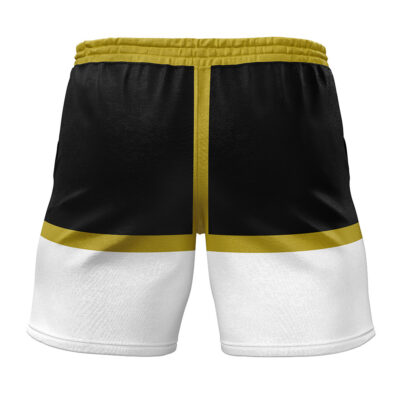 White Ranger Mighty Morphin Power Rangers Gym Shorts feature a black upper section, horizontal gold stripe, white lower section, and a gold waistband. The shorts are pictured from the back.