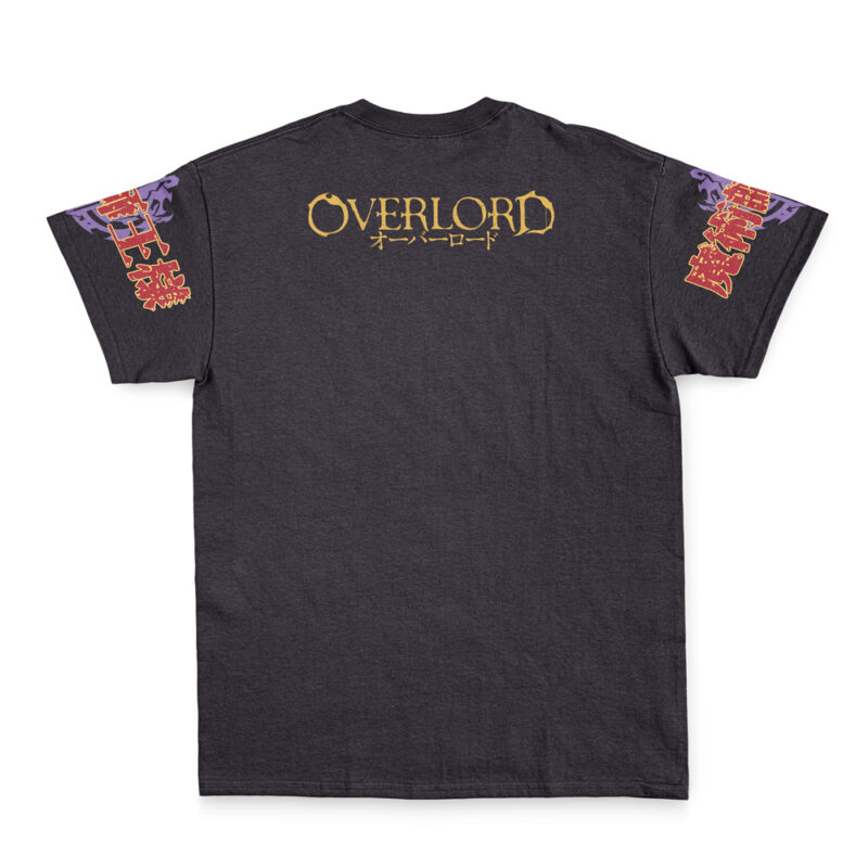 The Ainz Ooal Gown Overlord Streetwear T-Shirt is a black tee with "OVERLORD" and yellow Japanese text on the back, plus red and purple Japanese characters decorating both sleeves.