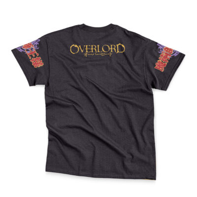 The Ainz Ooal Gown Overlord Streetwear T-Shirt has "OVERLORD" in gold with Japanese text on the back, plus red and purple Japanese designs on the sleeves. Shirt is shown laid flat to display back and sleeves.