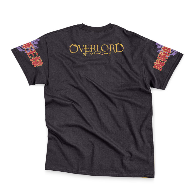 The Ainz Ooal Gown Overlord Streetwear T-Shirt has "OVERLORD" in gold with Japanese text on the back, plus red and purple Japanese designs on the sleeves. Shirt is shown laid flat to display back and sleeves.