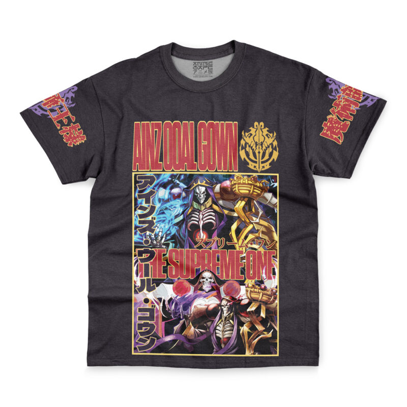 The Ainz Ooal Gown Overlord Streetwear T-Shirt is a black tee with vibrant anime characters, bold text, and Japanese lettering on the sleeves and throughout the design.