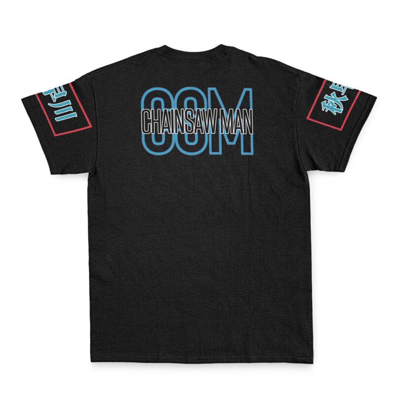 The Aki Hayakawa Chainsaw Man Streetwear T-Shirt is a black tee featuring large blue and white "CHAINSAW MAN" and "CSM" text on the back, plus red rectangular patches with blue Japanese characters on each sleeve.