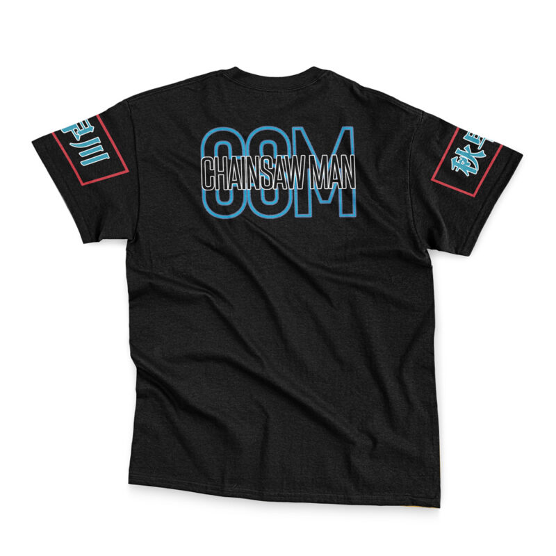 The Aki Hayakawa Chainsaw Man Streetwear T-Shirt is black with “CHAINSAW MAN” in bold white letters outlined in blue on the back, “CSM” in large blue letters below, plus Japanese text and graphics on both sleeves.
