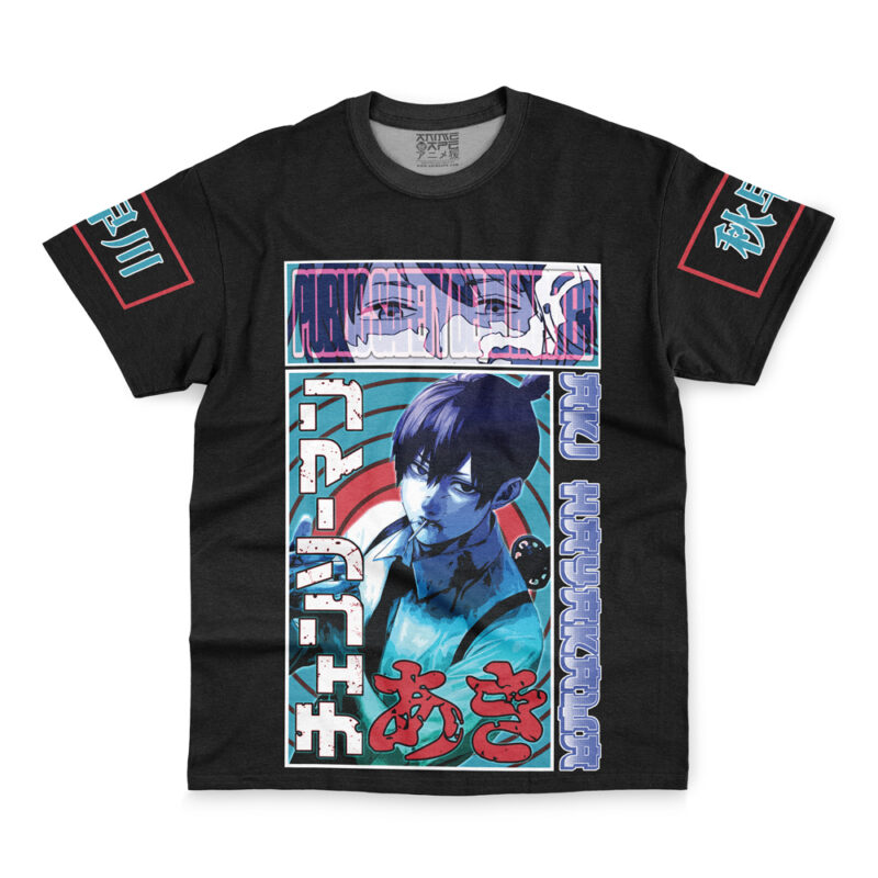 The Aki Hayakawa Chainsaw Man Streetwear T-Shirt is a black tee with vibrant manga-style artwork of a serious, short-haired anime character, bold Japanese text, and red, blue, and purple graphics on the front and sleeves.