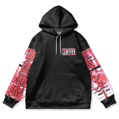 The Makima Chainsaw Man Streetwear Hoodie is black with "CONTROL" in colorful block letters on the chest, bold pink, red, and black Japanese graphics on the sleeves, plus a front pocket and white drawstrings.