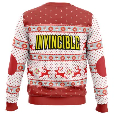 The Merry Thiccmas Omni Man Invincible Ugly Christmas Sweater features bold yellow "INVINCIBLE" lettering on the back, with red and white holiday patterns, reindeer, snowflakes, and gifts.