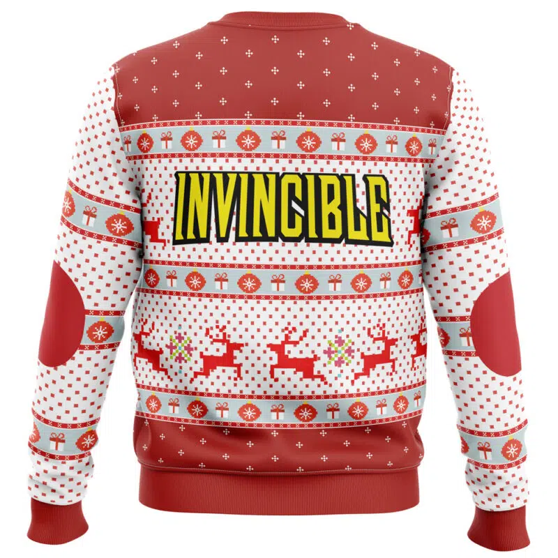 The Merry Thiccmas Omni Man Invincible Ugly Christmas Sweater features bold yellow "INVINCIBLE" lettering on the back, with red and white holiday patterns, reindeer, snowflakes, and gifts.