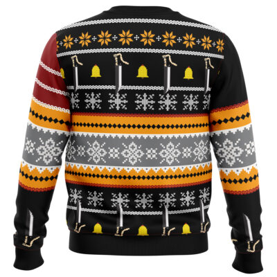 The Ichigo True Bankai Bleach Ugly Christmas Sweater features pixel art axes, bells, snowflakes, and zigzag stripes in black, gray, yellow, red, and white. It has long sleeves and a crew collar, perfect for festive occasions.