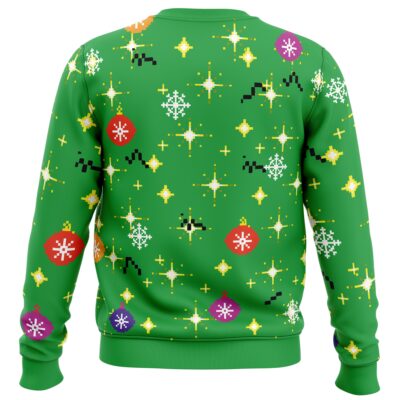 The Homer Bush Meme The Simpsons Ugly Christmas Sweater is green and features yellow stars, white snowflakes, red and purple ornaments, and black zigzag lines scattered across the back for a festive look.