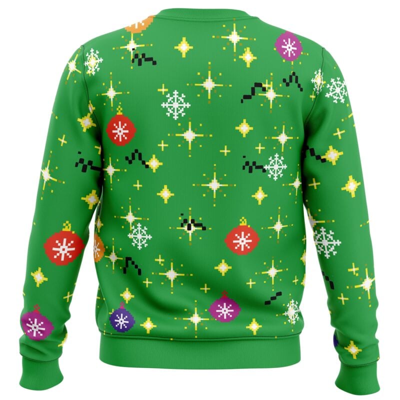 The Homer Bush Meme The Simpsons Ugly Christmas Sweater is green and features yellow stars, white snowflakes, red and purple ornaments, and black zigzag lines scattered across the back for a festive look.