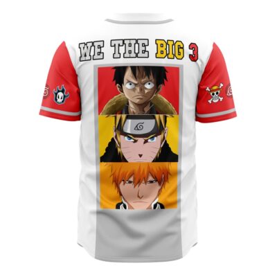 The Who The Big 3 V2 Baseball Jersey is a white and red shirt with WE THE BIG 3 over portraits of Luffy, Naruto, and Ichigo, plus their anime symbols on the sleeves.
