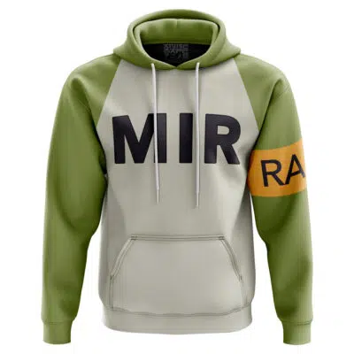 The Android 17 MIR Dragon Ball Z Hoodie features green and beige colors, "MIR" in bold black letters on the chest, and an orange armband on the right sleeve with partial "RA" text.