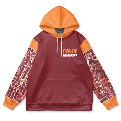 The Asuka Langley Sohryu x Eva 02 Neon Genesis Evangelion Streetwear Hoodie features red and orange colors, EVA-02 chest text, Japanese designs on the sleeves, a front pocket, and an orange hood with white drawstrings.