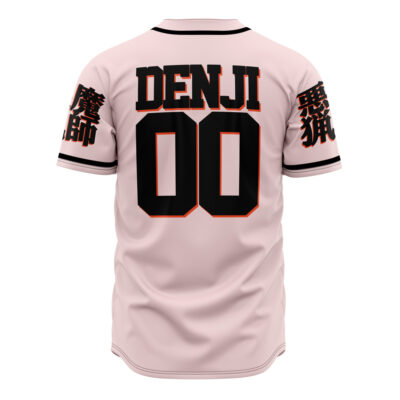 The Denji Devil Hunter Chainsaw Man Baseball Jersey features light pink short sleeves, "DENJI" and 00 in bold black and red on the back, plus black and red Japanese characters on the sleeves.