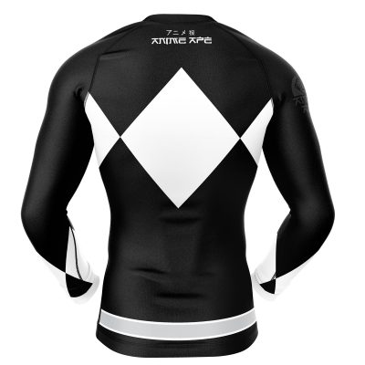 The Black Ranger Power Rangers Long Sleeve Rash Guard Compression Shirt features a fitted, sporty design with white diamond shapes, geometric patterns, and Japanese-style text on the back and sleeves.