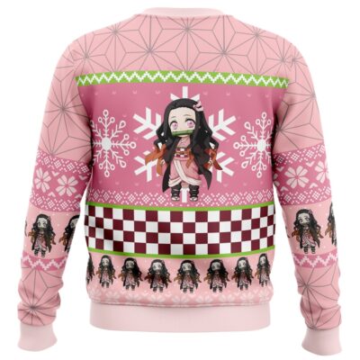 The Chibi Christmas Nezuko Kamado Demon Slayer Ugly Christmas Sweater is pink with anime-style characters, snowflakes, green accents, geometric patterns, checkerboard designs on the back, and a central character surrounded by white snowflakes.