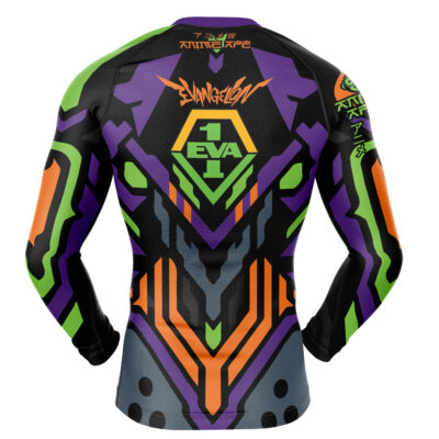 The Eva 01 Evangelion Long Sleeve Rash Guard Compression Shirt features a bold, colorful geometric design in purple, green, black, and orange inspired by Unit-01, with EVA 1 and Evangelion text on the back and sleeves.