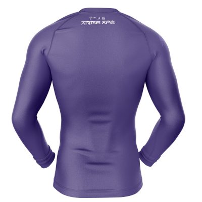 The Gengar Pokemon Long Sleeve Rash Guard Compression Shirt is a fitted purple athletic top, shown from the back, with white stylized text and Japanese characters near the neckline.