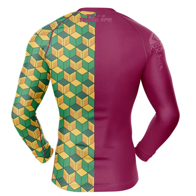 The Giyu Tomioka Demon Slayer Long Sleeve Rash Guard Compression Shirt features a back view split vertically; the left side shows a green, yellow, and beige geometric cube pattern, while the right is solid maroon with subtle white shoulder graphics.
