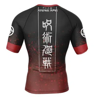 The Itadori Yuji Hand Jujutsu Kaisen Short Sleeve Rash Guard Compression Shirt features black and red colors, white kanji and English text on the back, sleeve logos, and a splatter pattern across the lower half.