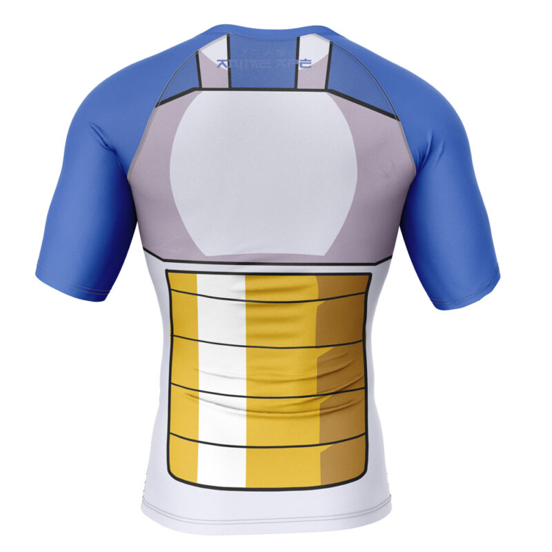 The Vegeta Battle Suit Dragon Ball Z Short Sleeve Rash Guard Compression Shirt features blue sleeves, a white upper back, and yellow and white segmented details on the lower back in a printed muscular armor design.