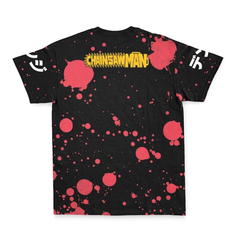 The Chainsaw Man Streetwear T-Shirt is black with red splatter patterns, featuring the yellow Chainsaw Man logo on the upper back and white symbols printed on both sleeves.