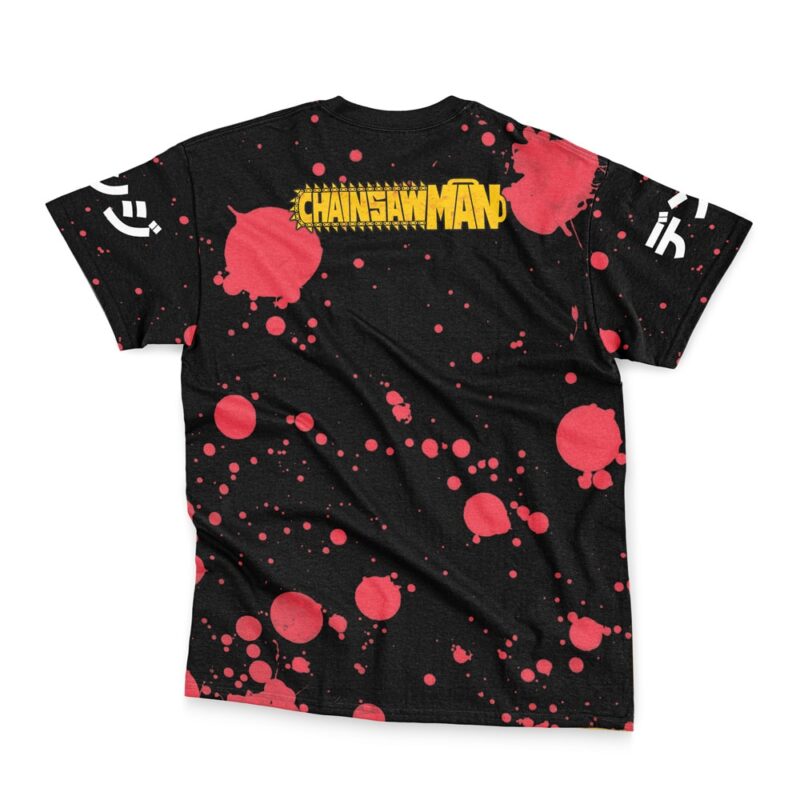 The Chainsaw Man Streetwear T-Shirt is black with red splatter patterns, featuring the yellow Chainsaw Man logo on the back and white graphic designs on both sleeves.