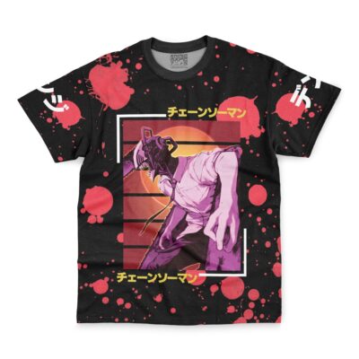 The Chainsaw Man Streetwear T-Shirt is a black tee with a stylized pink and purple Chainsaw Man illustration, red splatters, Japanese text, and an orange-yellow sunset gradient background.